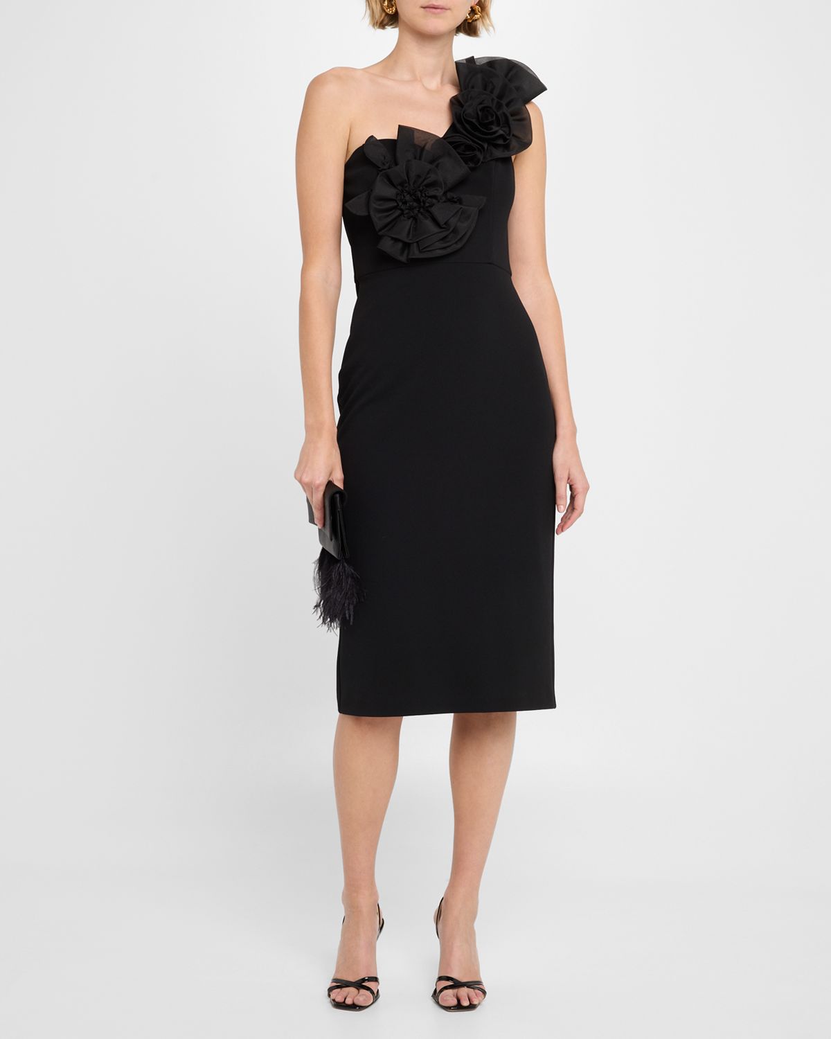 Aidan Mattox One-Shoulder Floral Applique Crepe Midi Dress