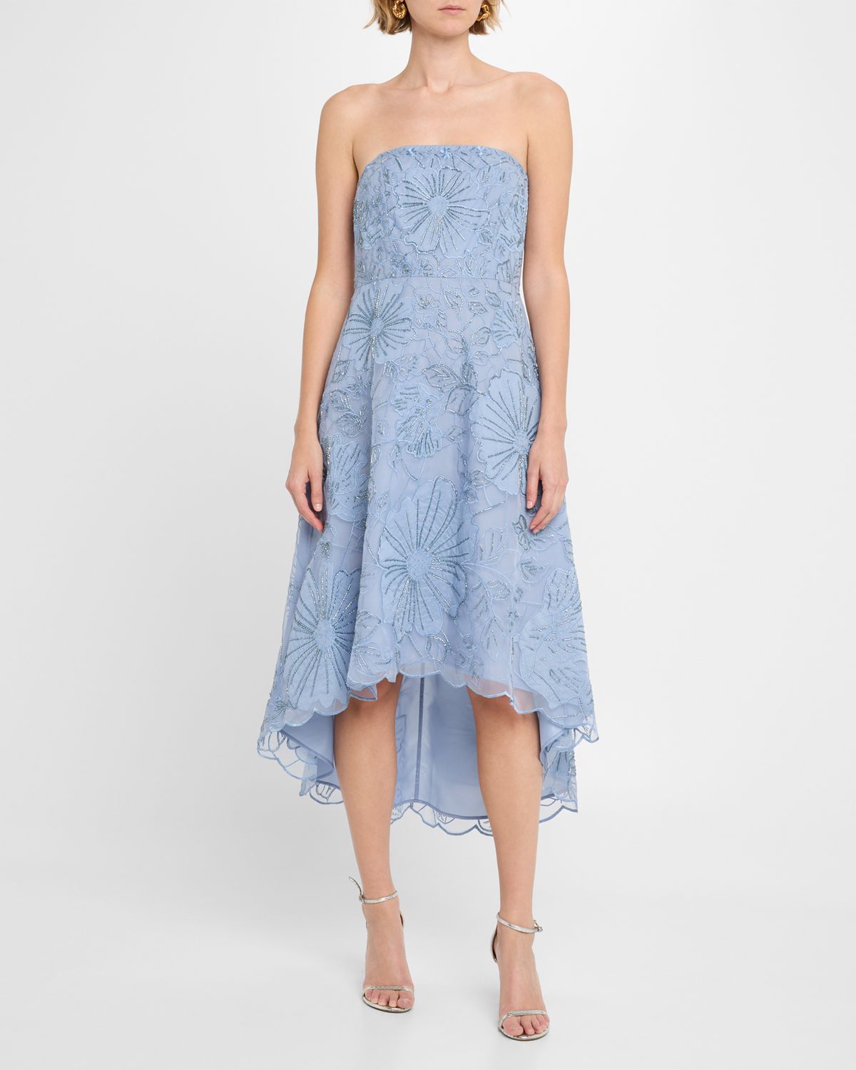 Aidan Mattox Strapless Embroidered High-Low Midi Dress