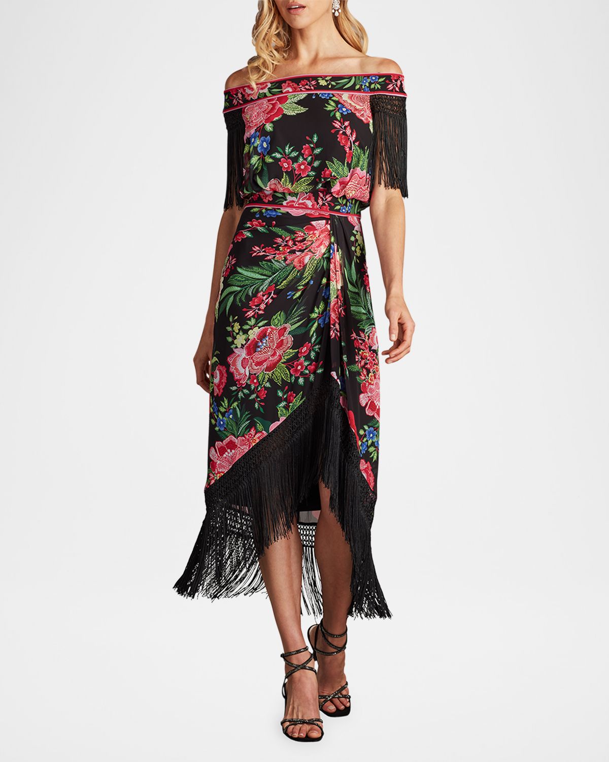 Tadashi Shoji Gathered Floral-Print Fringe Midi Dress