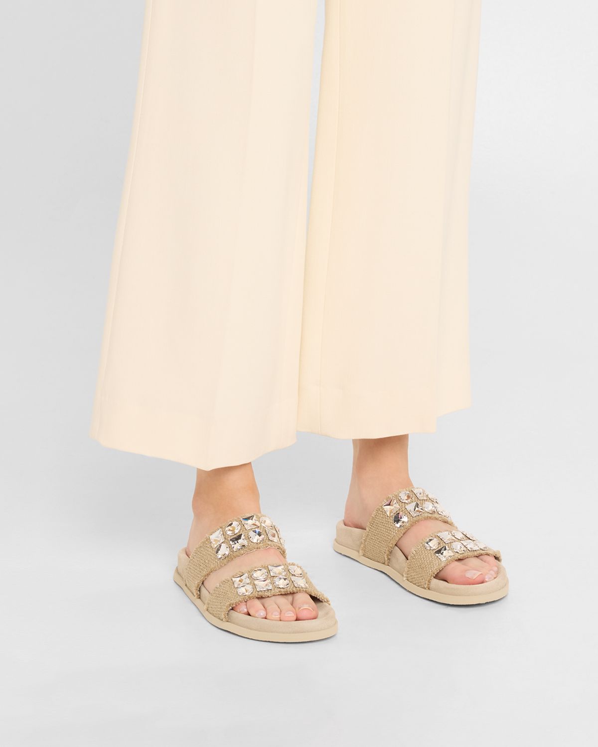 Pedro Garcia Dilys Two-Band Embellished Frayed Linen Sandals