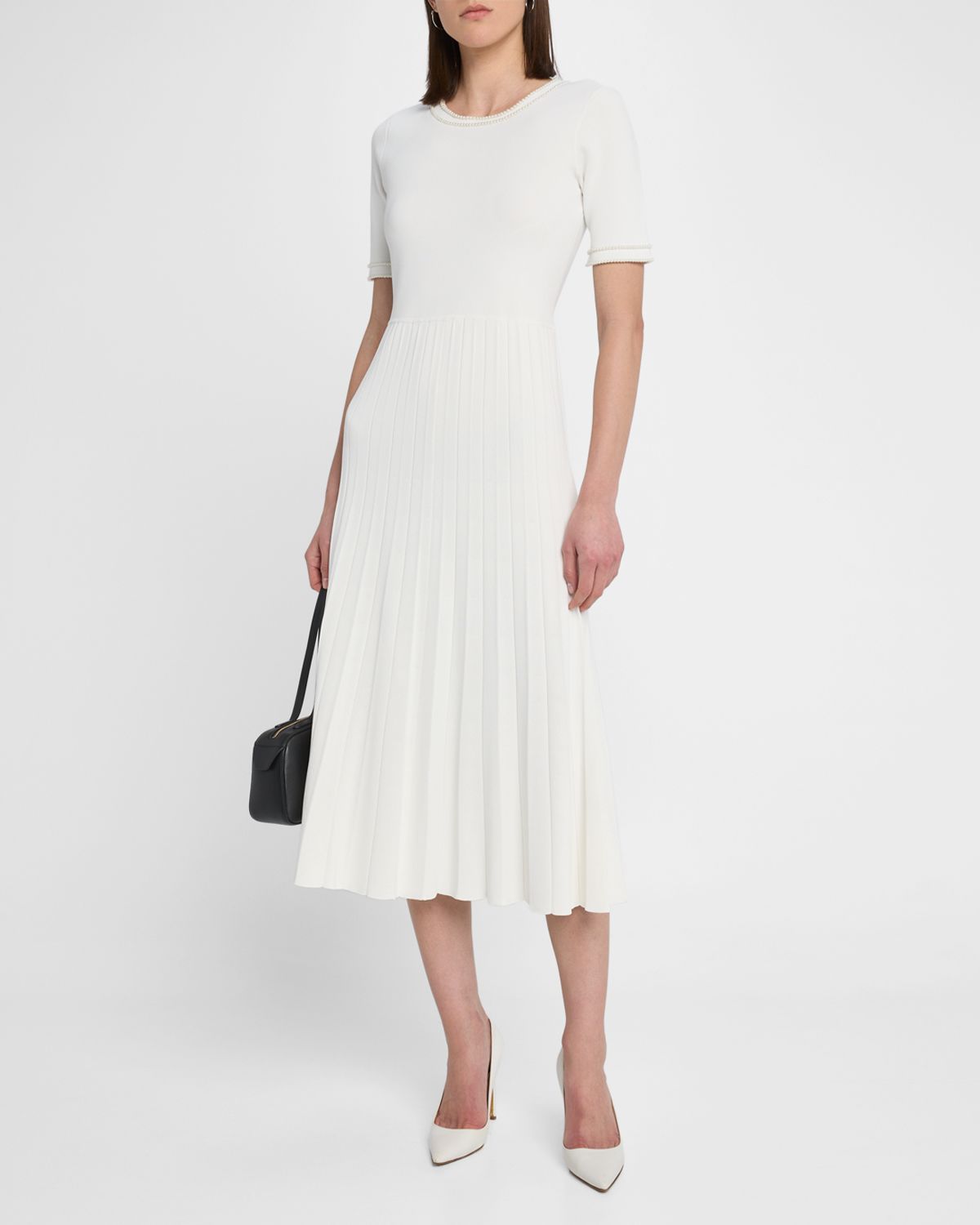 Elie Tahari The Robin Pleated Bead-Trim Midi Sweater Dress
