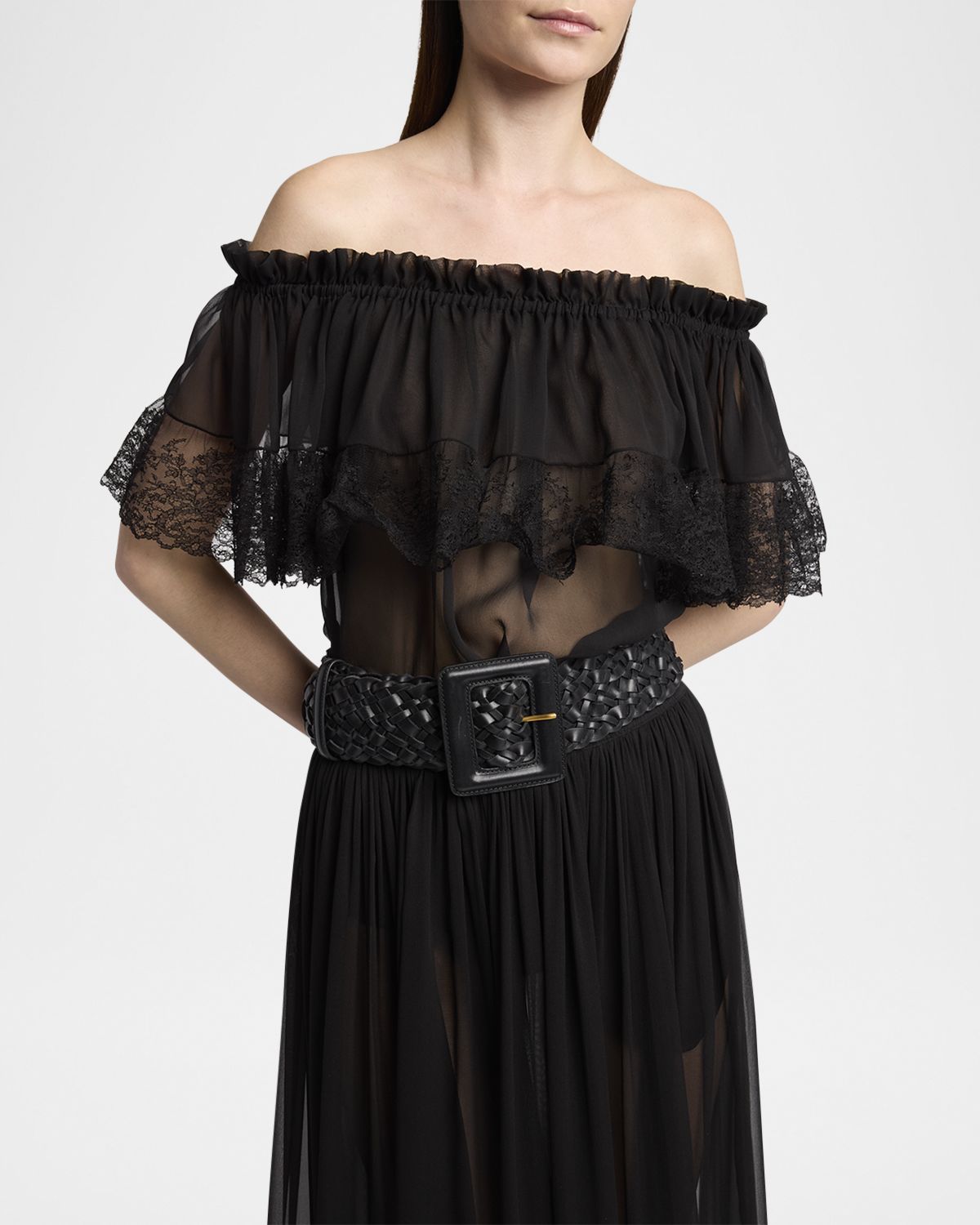 Saint Laurent Ceinture Square Buckle Woven Leather Belt