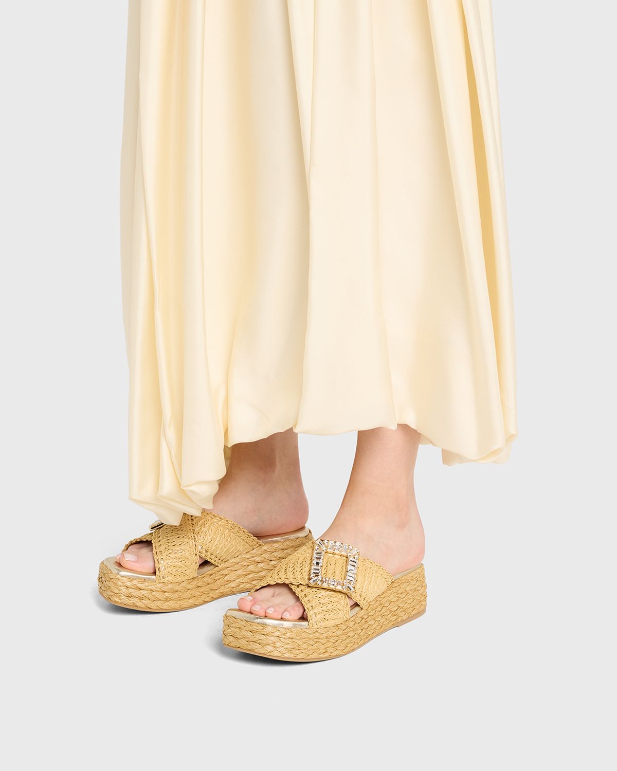 Roger Vivier Strass-Buckle Raffia Platform Sandals