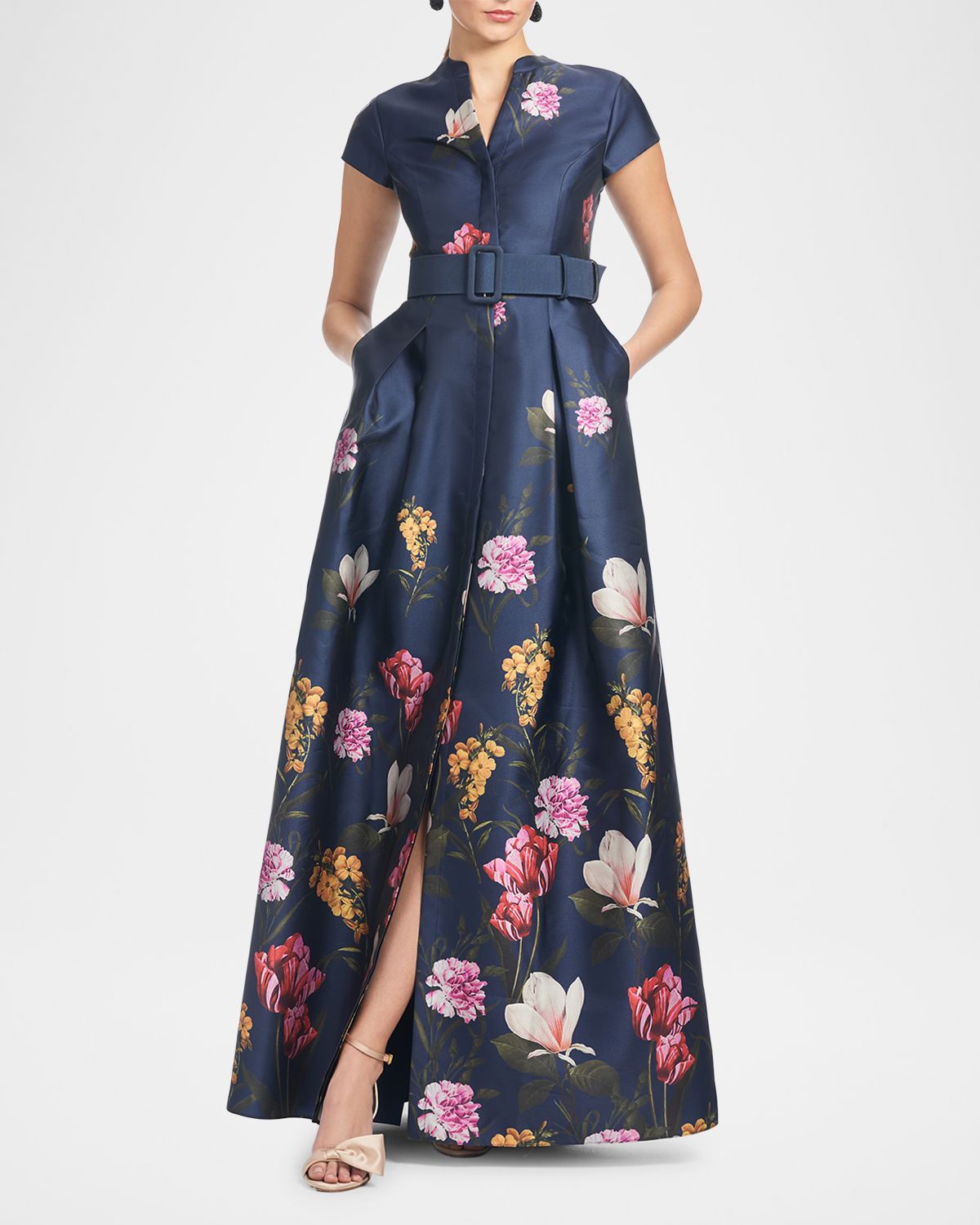 Sachin & Babi Marta Belted Floral-Print Mikado Gown