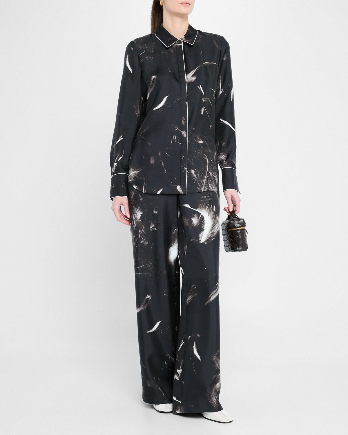 Lafayette 148 New York Scottie Piped Abstract-Print Silk Blouse