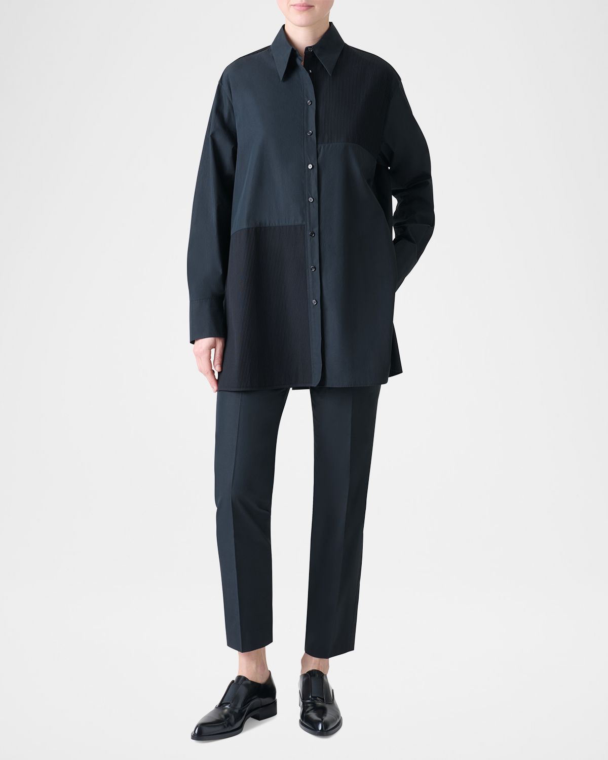 Akris Stitched Pleats Inset Cotton Poplin Oversized Shirt