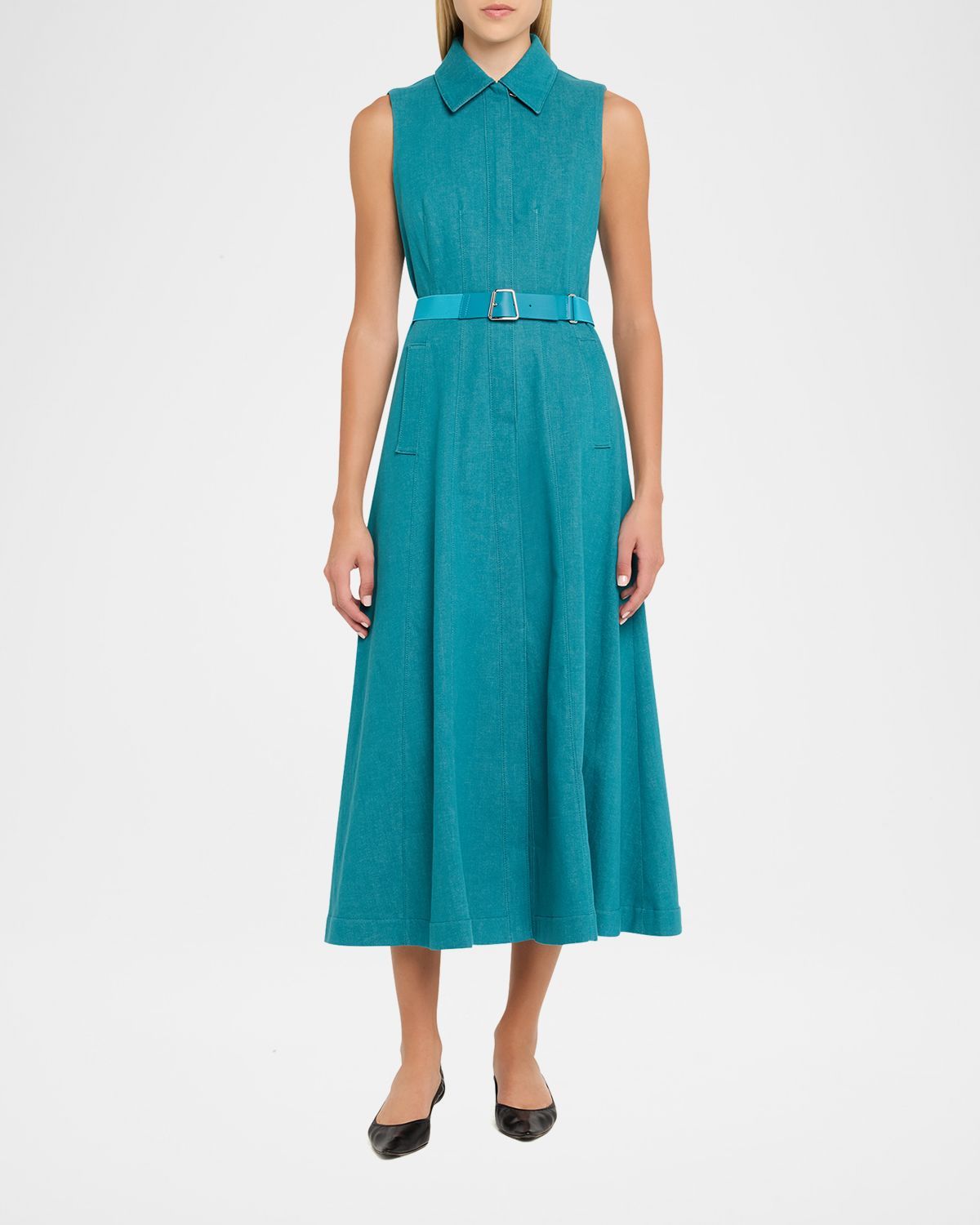 Akris Sleeveless Belted Denim Midi Shirtdress