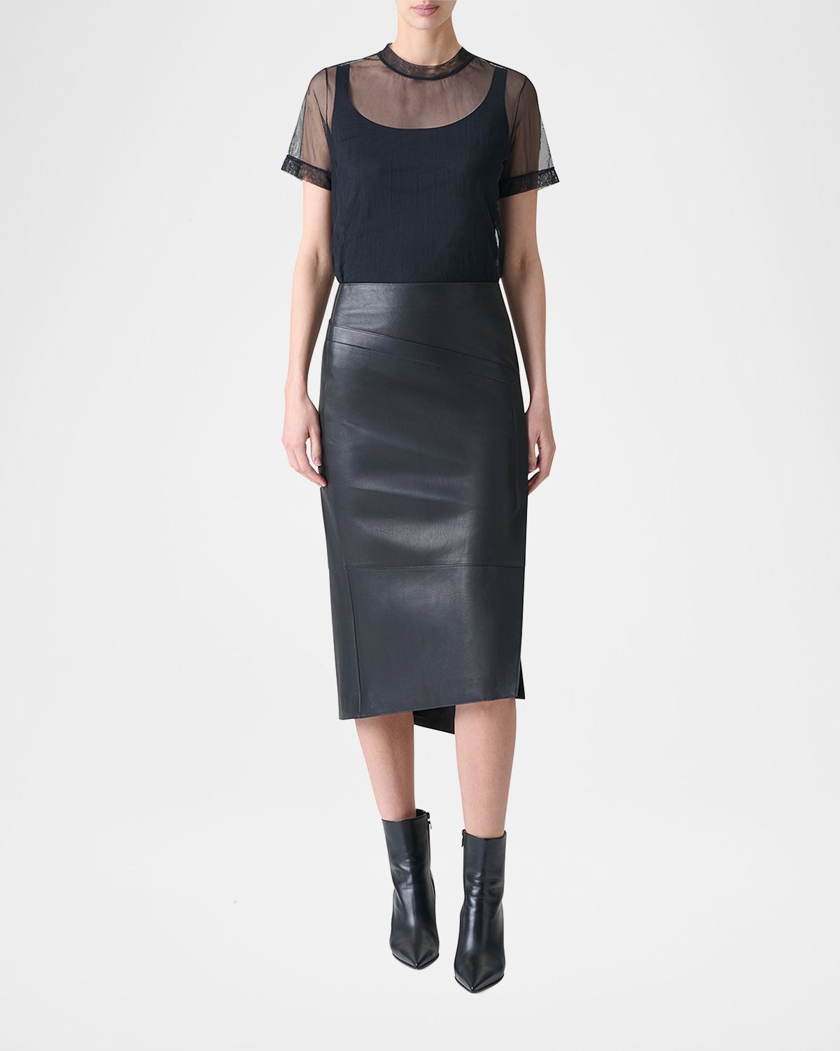 Akris Asymmetric Trapezoid Nappa Leather Midi Skirt