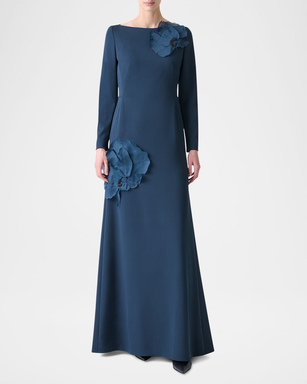 Akris Organza Anemone Corsage Long-Sleeve Crepe Gown
