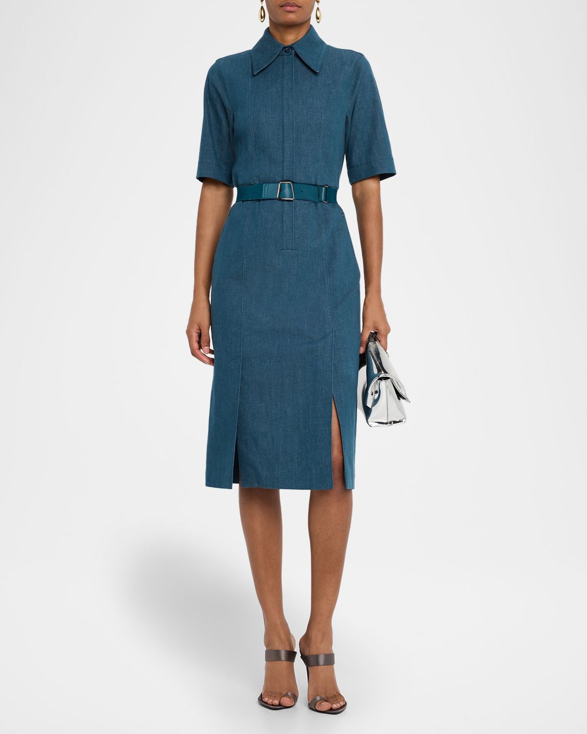 Akris Belted Stretch Cotton Denim Shirtdress