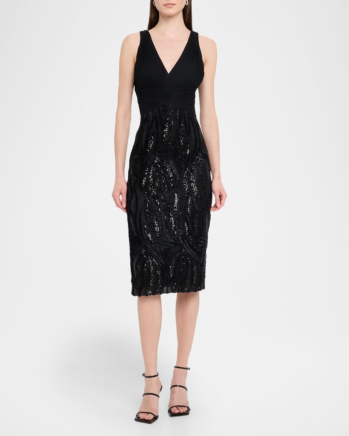 Aidan Mattox Sleeveless Sequin-Embroidered Midi Dress