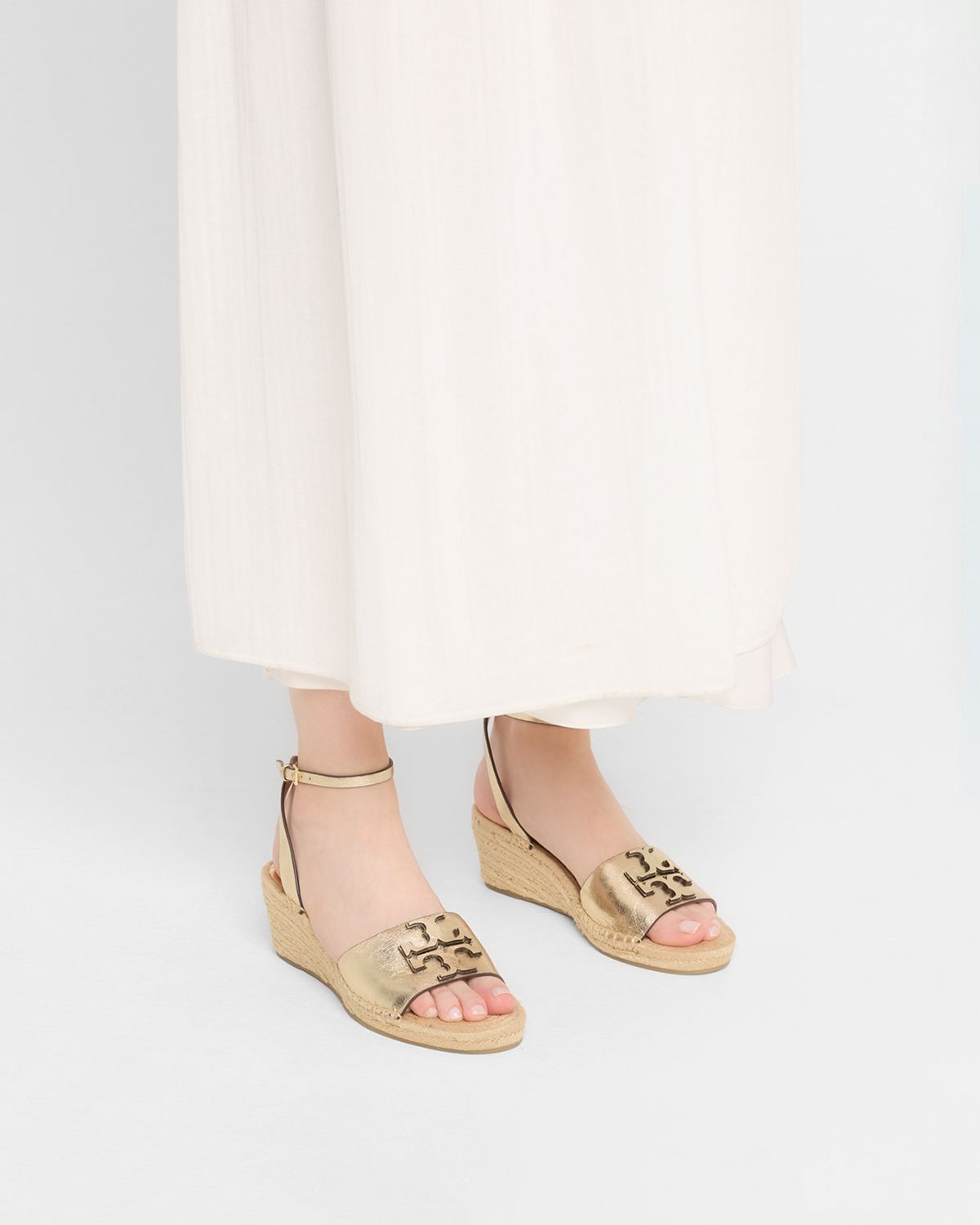 Tory Burch Ines Metallic Double T Wedge Espadrilles