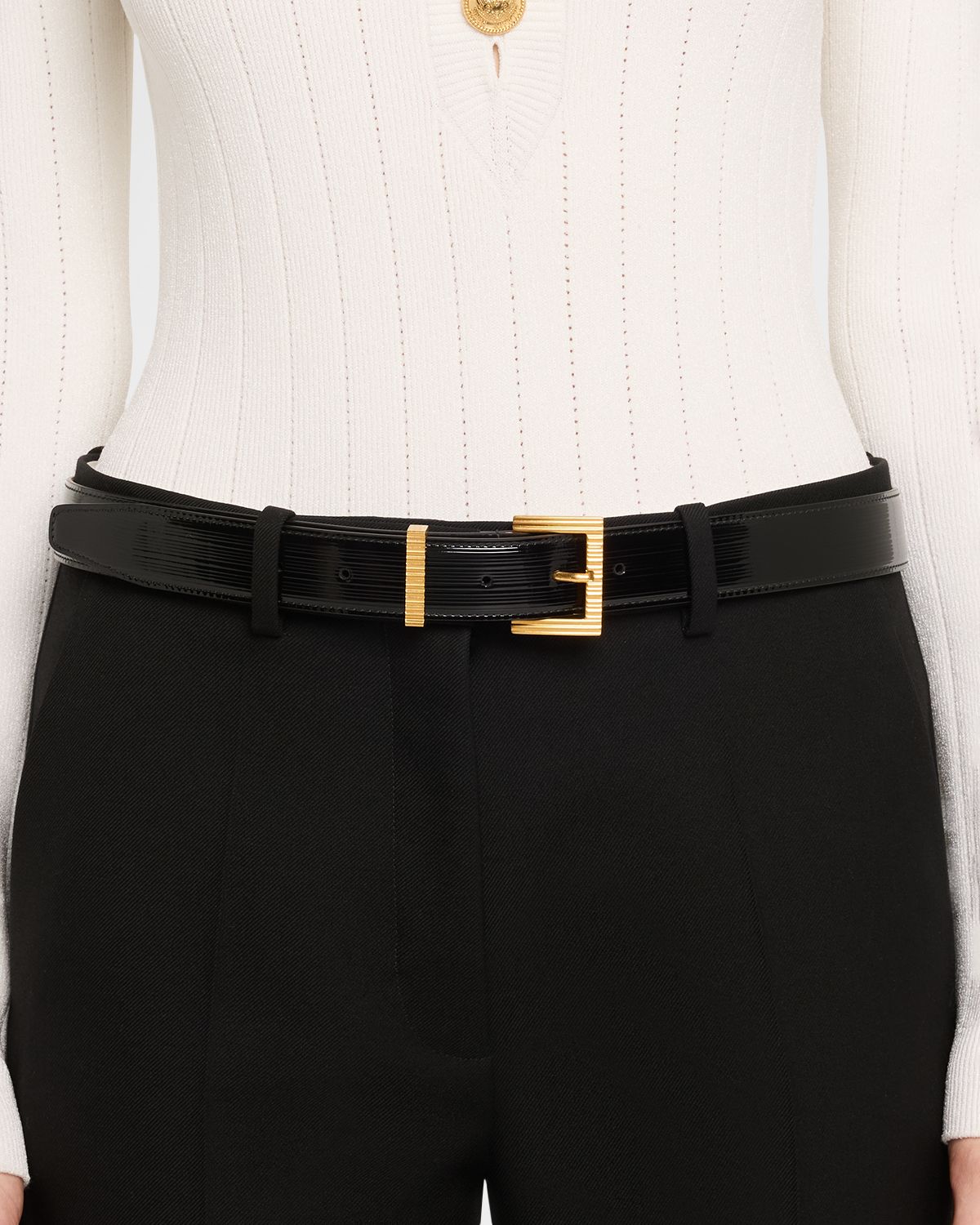 Balmain Perfume Striped Patent Leather Belt