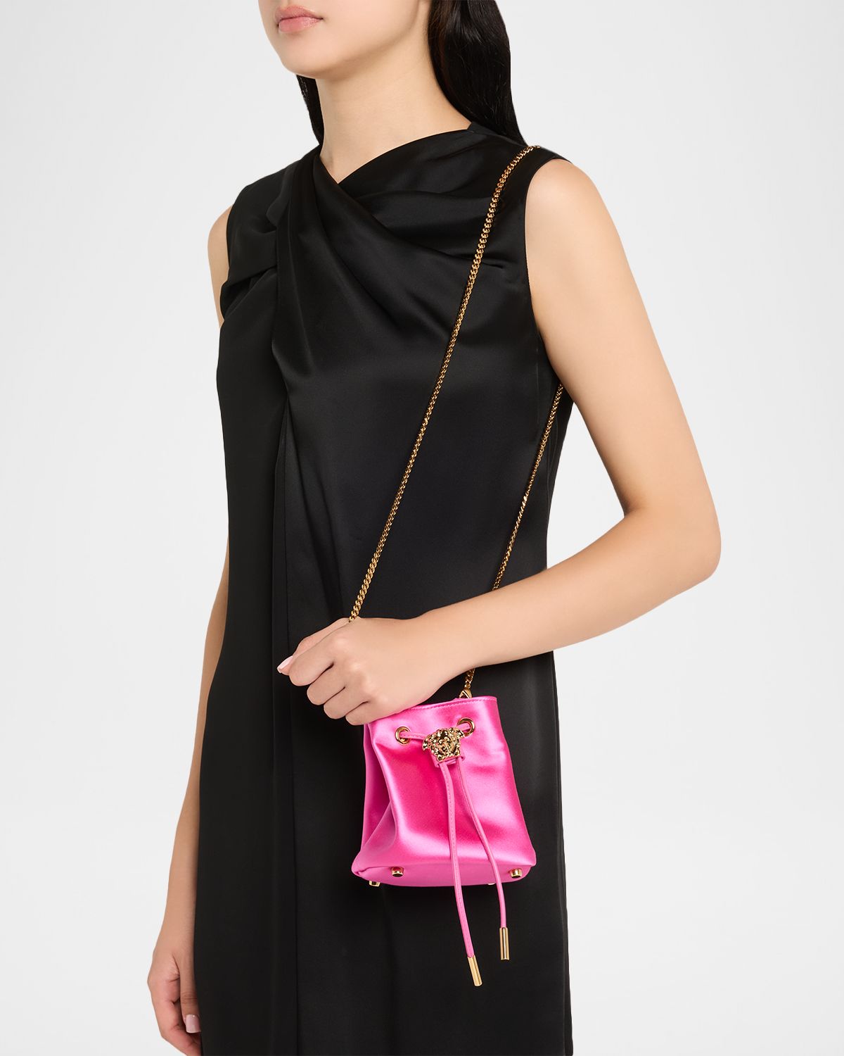 Versace La Medusa Drawstring Satin Bucket Bag