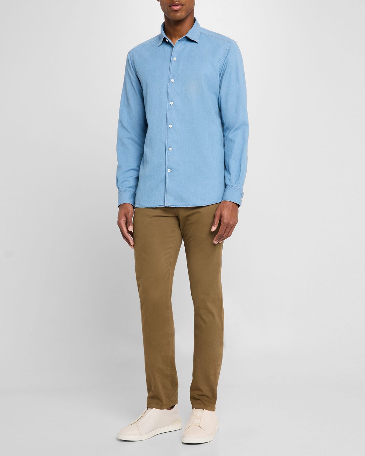 ZEGNA Men 's Cotton and Linen Denim Casual Button-Down Shirt
