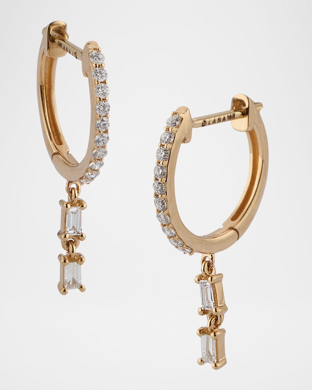LANA 14K Gold Mini Flawless Diamond Huggie Earrings with Double Dangle Baguettes