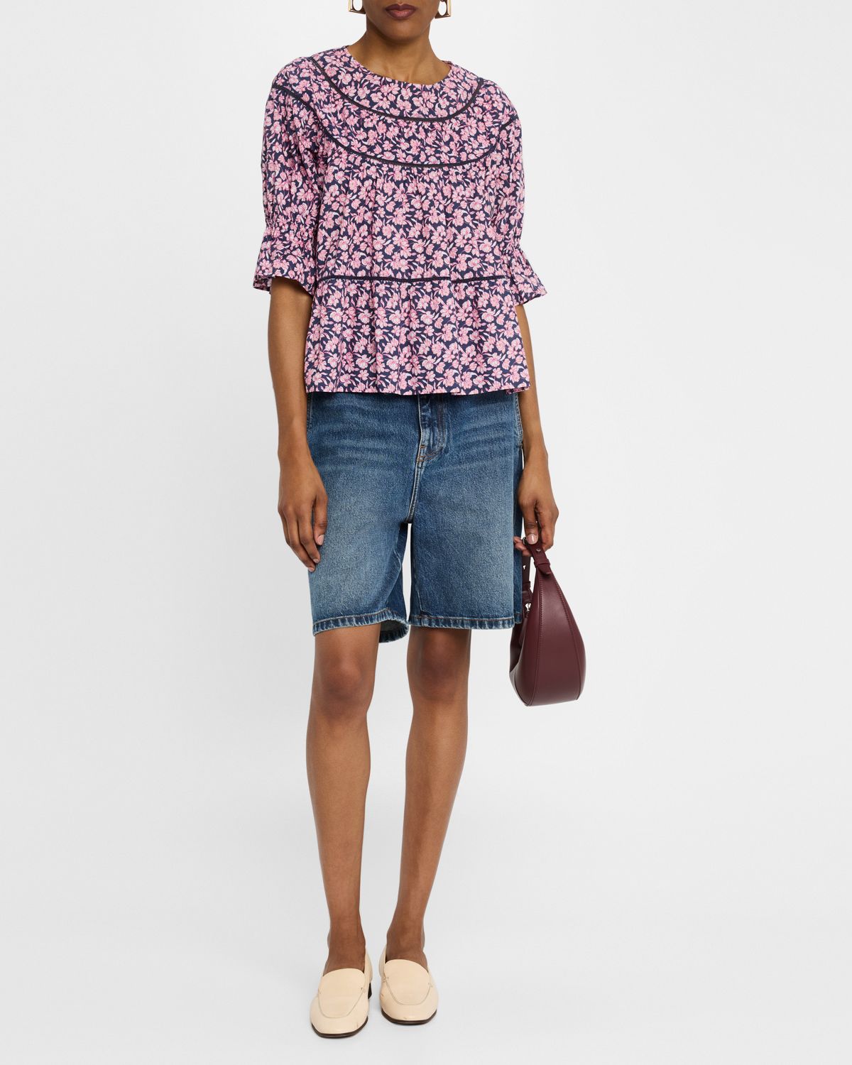 Merlette Sol Ruched Floral-Print Cotton Blouse