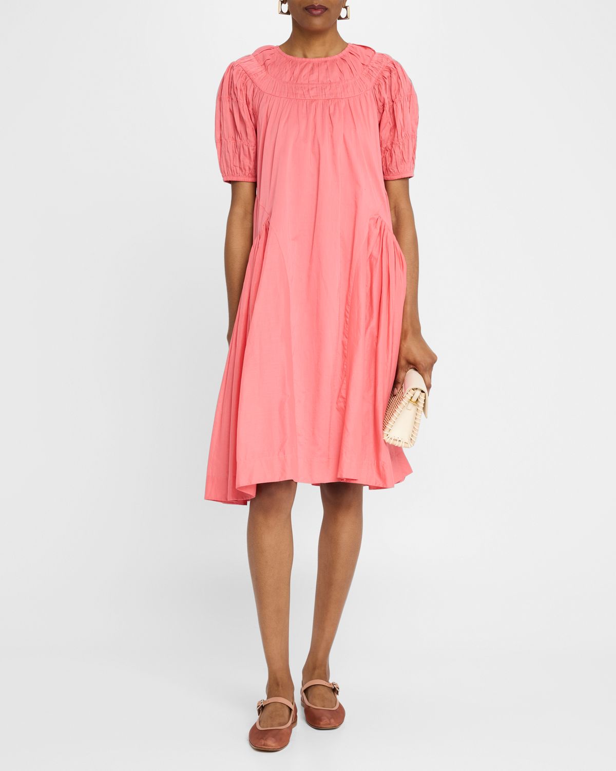 Merlette Maigret Ruched Puff-Sleeve Cotton Dress