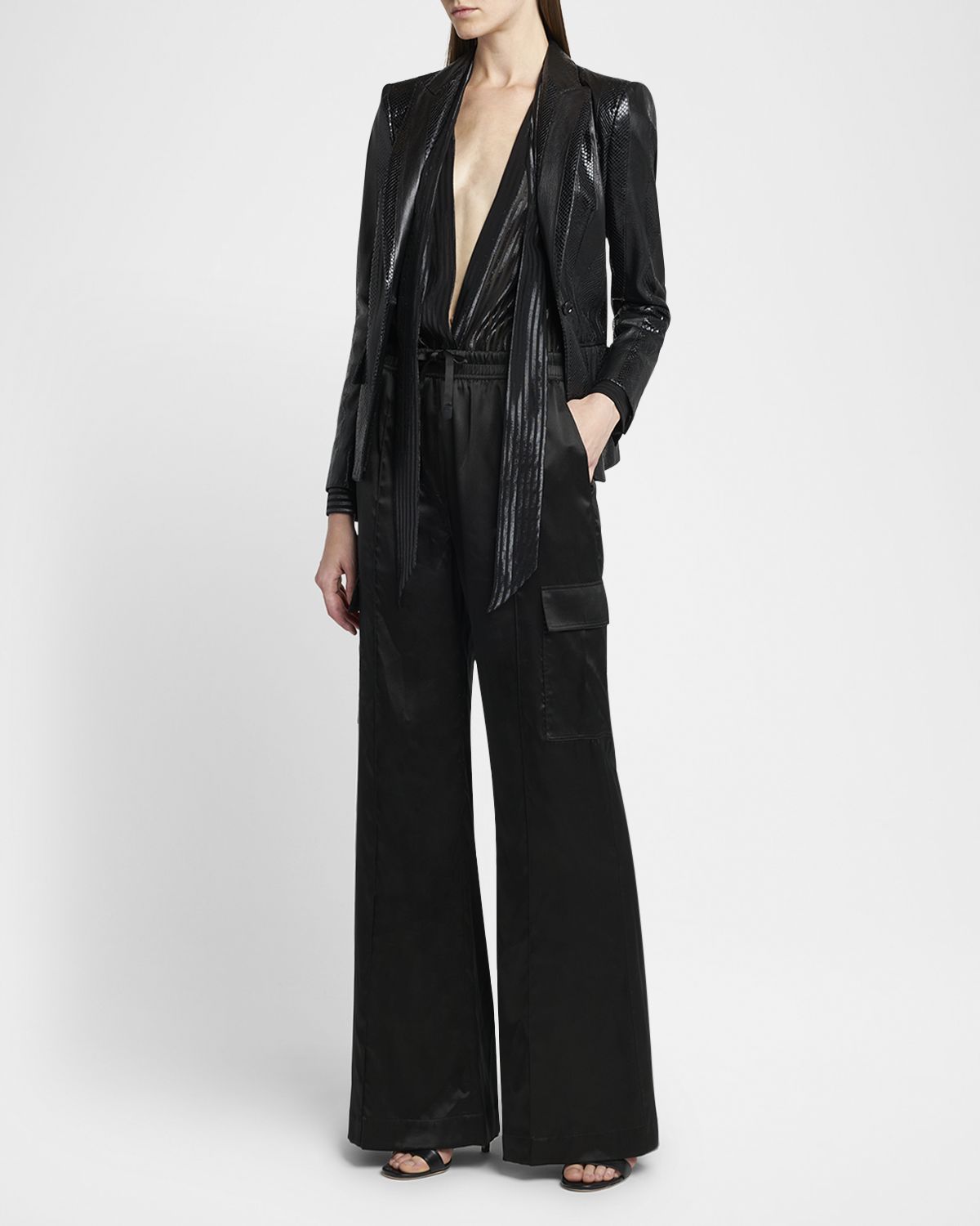 TOM FORD Metallic Striped Lavalliere Plunging Blouse