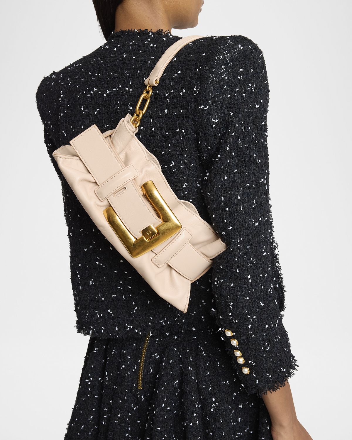 Balmain Anthem Mini Buckle Shoulder Bag in Calfskin Leather