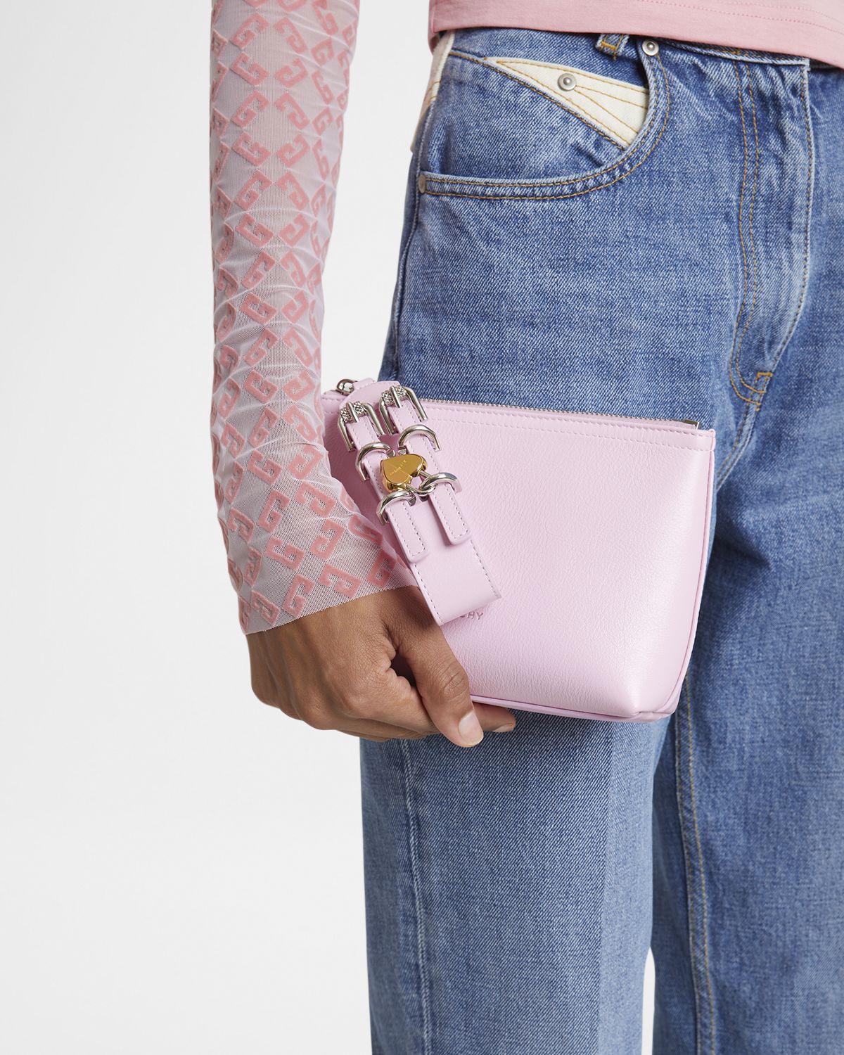Givenchy Voyou Small Pouch Bag in Leather with Buckle and Heart Lock Wristlet