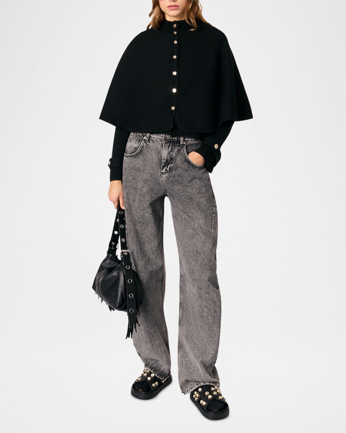 Maje Mycape Blocked-Knit Layered Cardigan