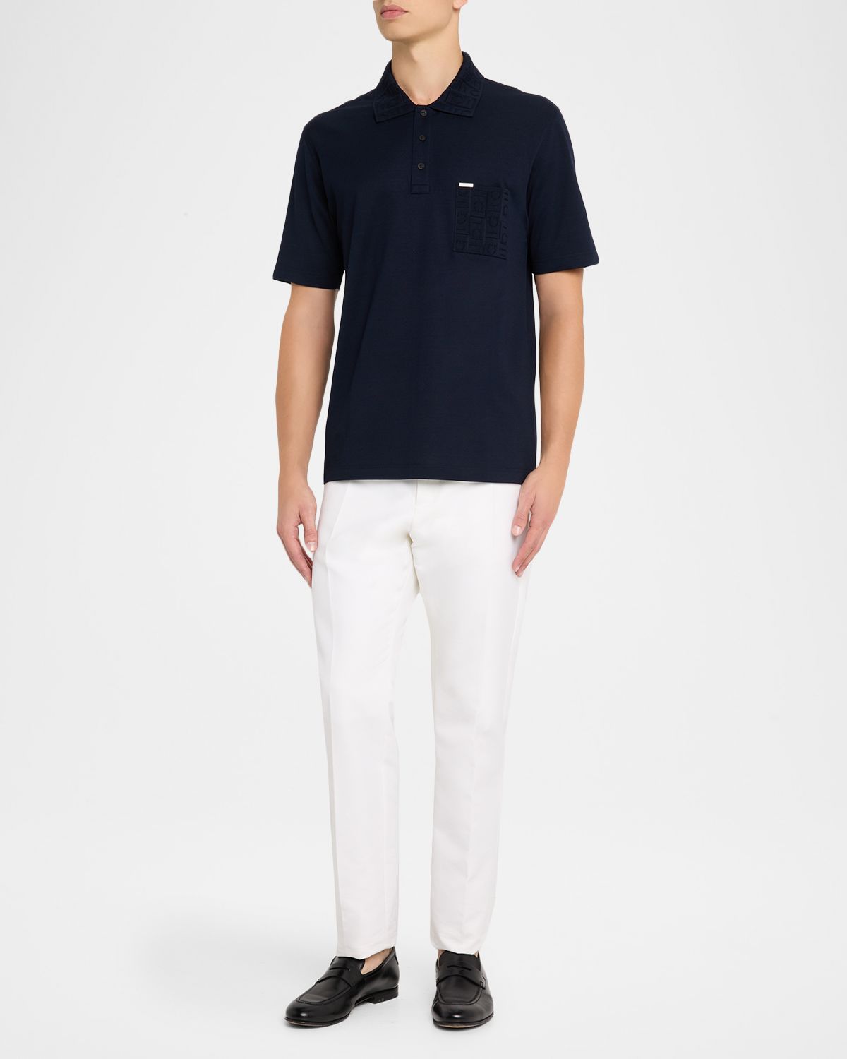 Ferragamo Men 's Gancini Jacquard-Trim Cotton Pique Polo Shirt