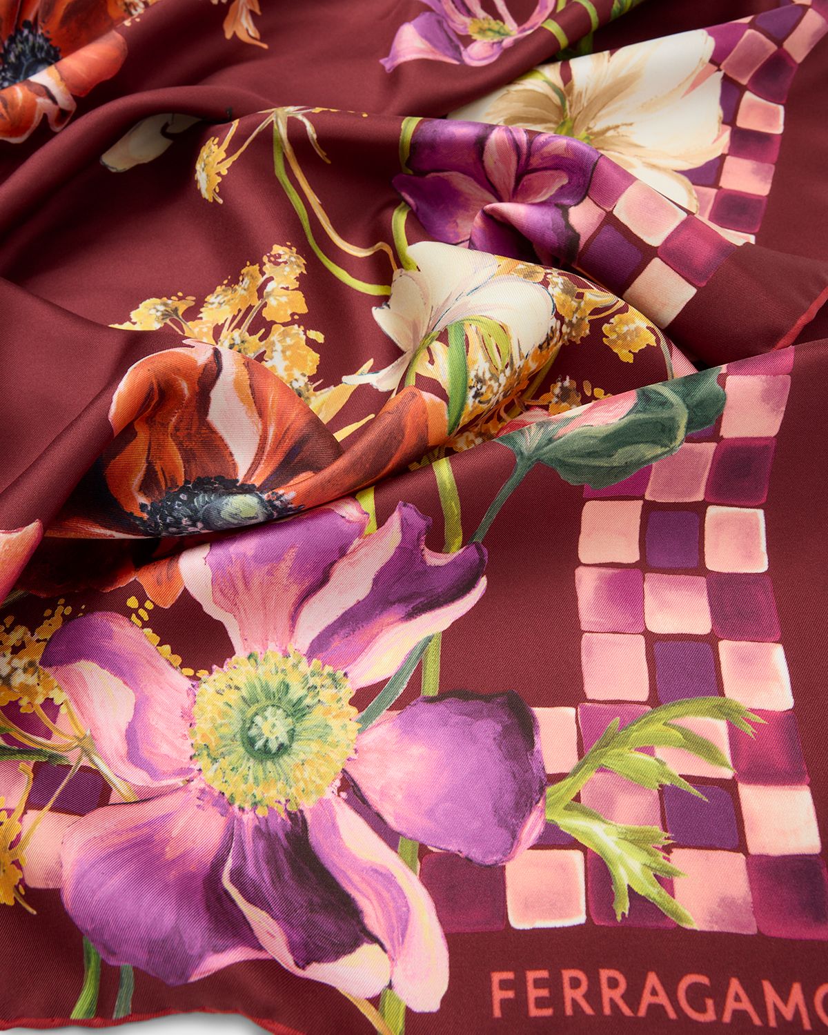 Ferragamo Bordeaux Flower Print Silk Foulard Scarf