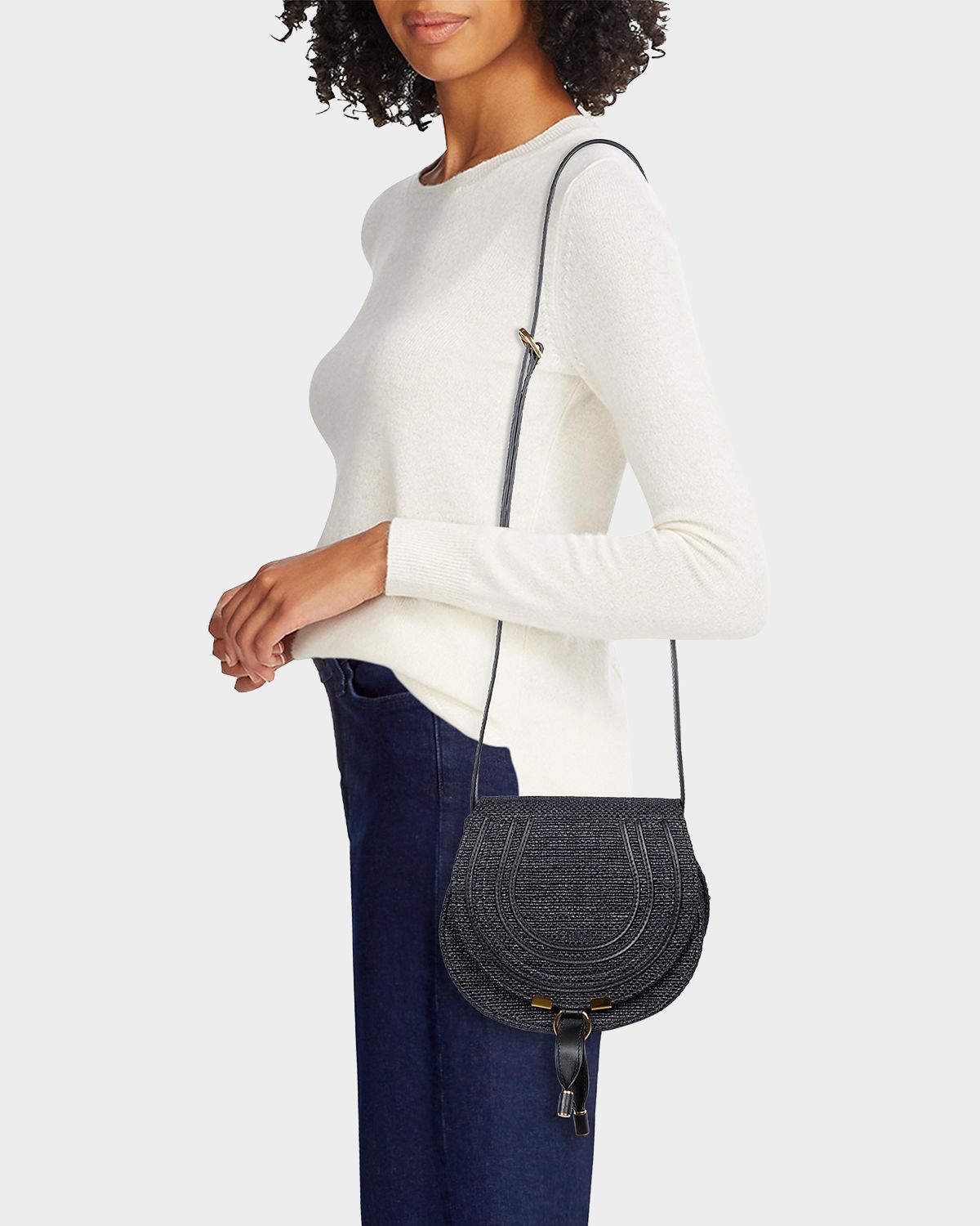 Chloe Marcie Flap Saddle Crossbody Bag in Raffia Fabric and Leather