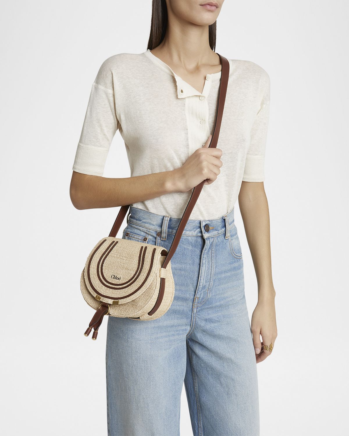 Chloe Marcie Flap Saddle Crossbody Bag in Raffia Fabric and Leather