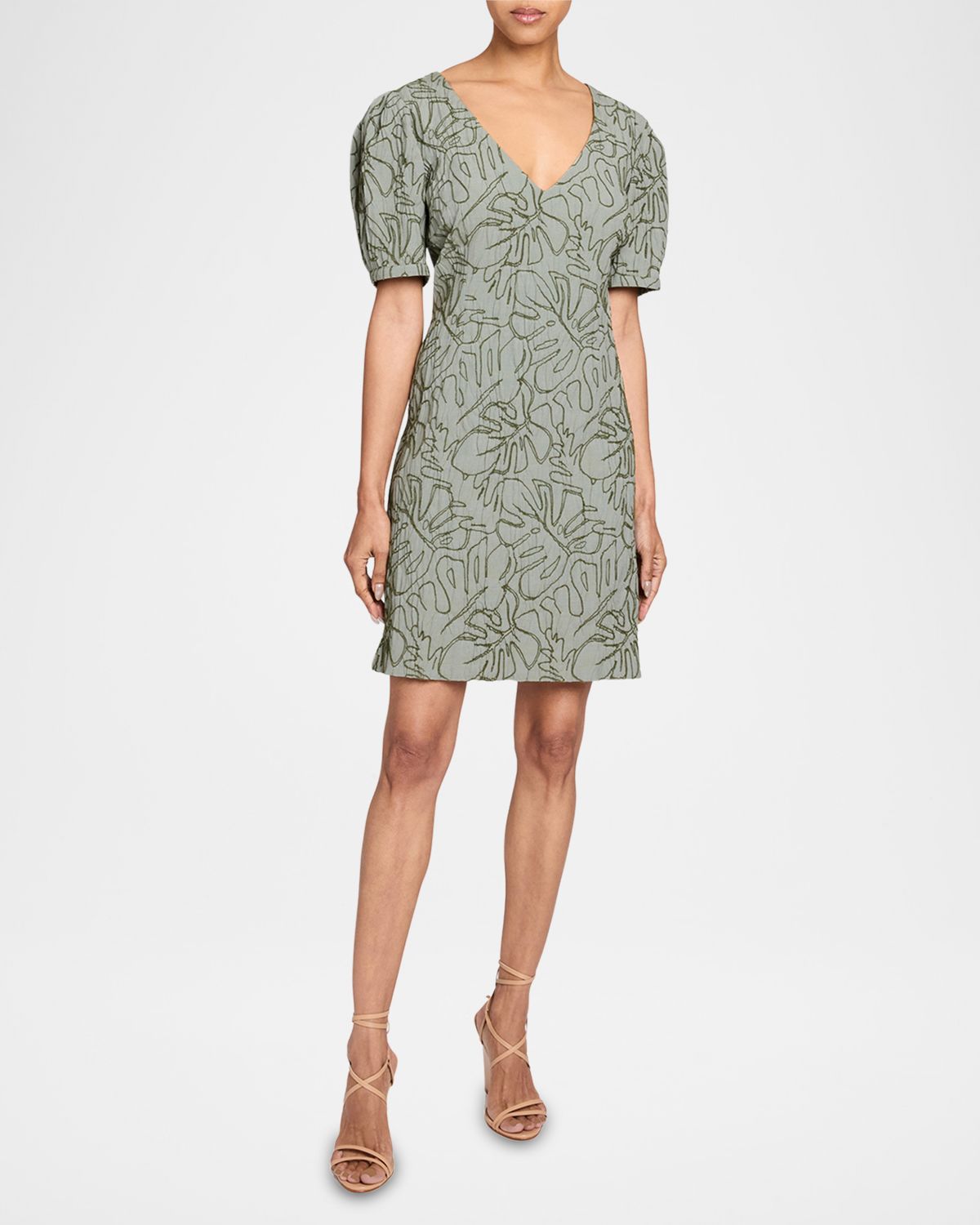 Santorelli Embroidered A-Line Cotton Cloque Dress