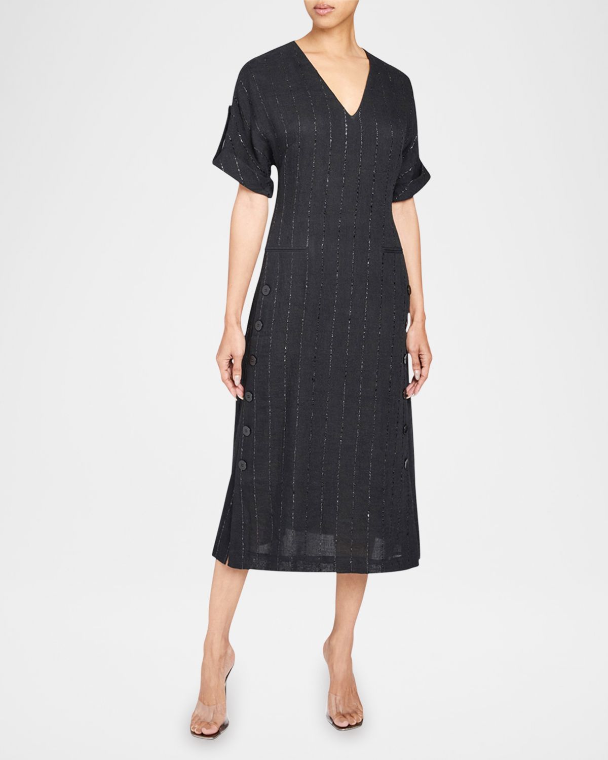 Santorelli Striped Side-Button Linen-Blend Dress
