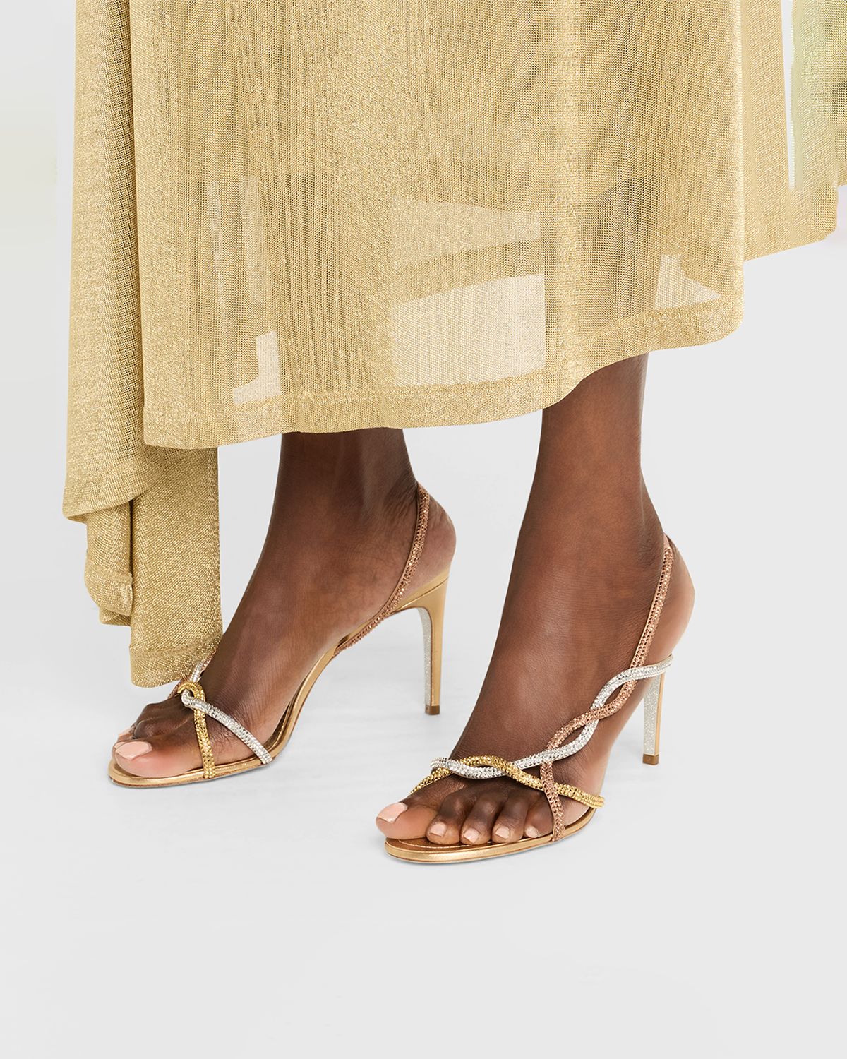 Rene Caovilla Three-Tone Crystal Satin Braid Halter Sandals
