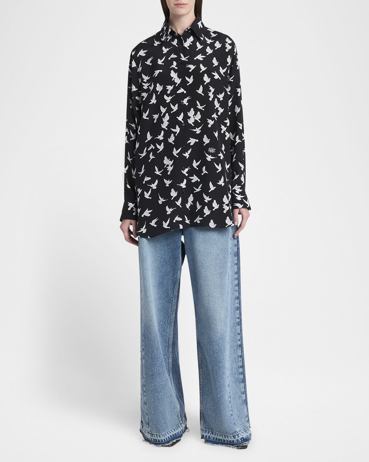 Stella McCartney Flying Bird Silk Oversized Button-Down Shirt