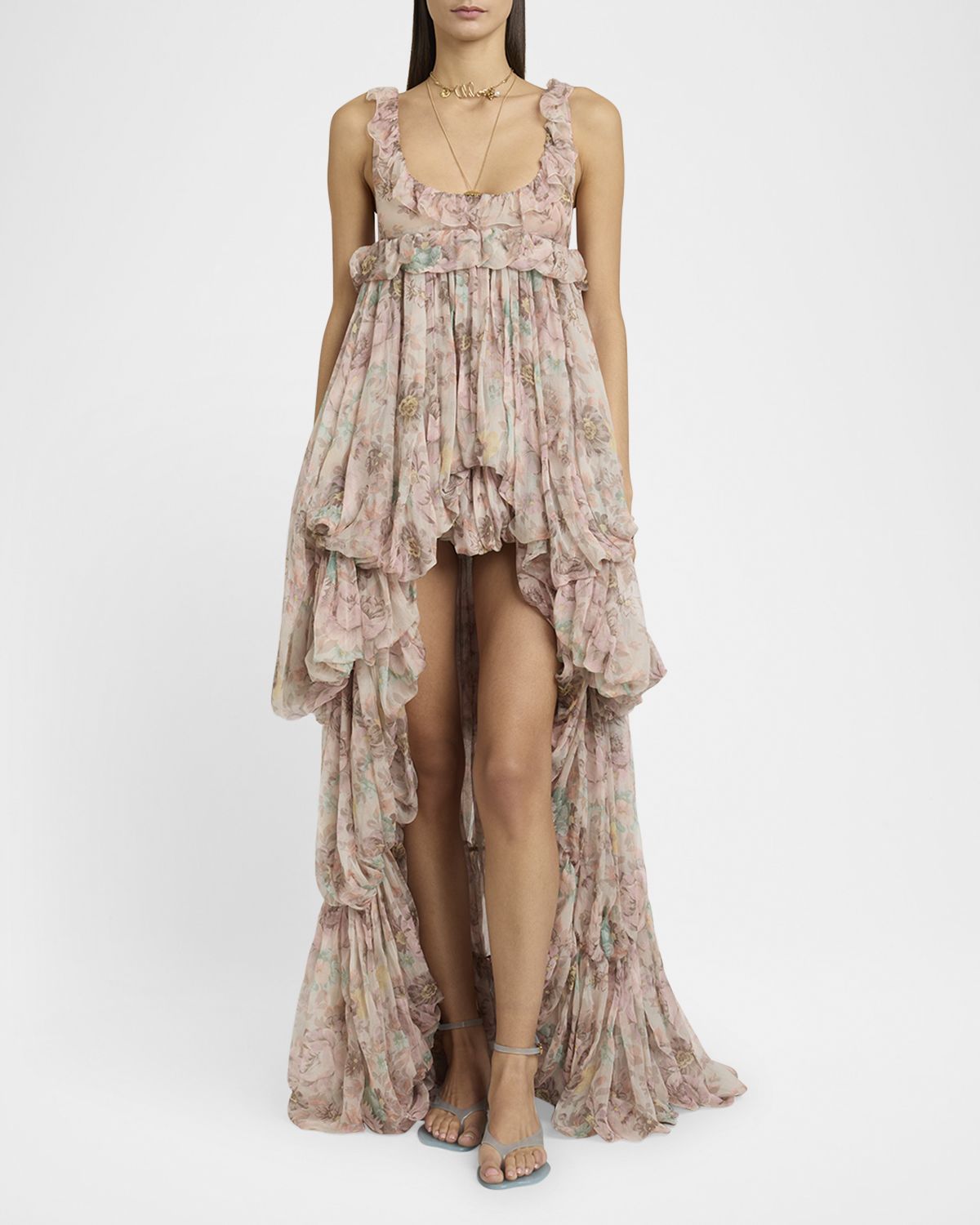 Chloe Floral Ruffle Tiered High-Low Balloon Babydoll Dress