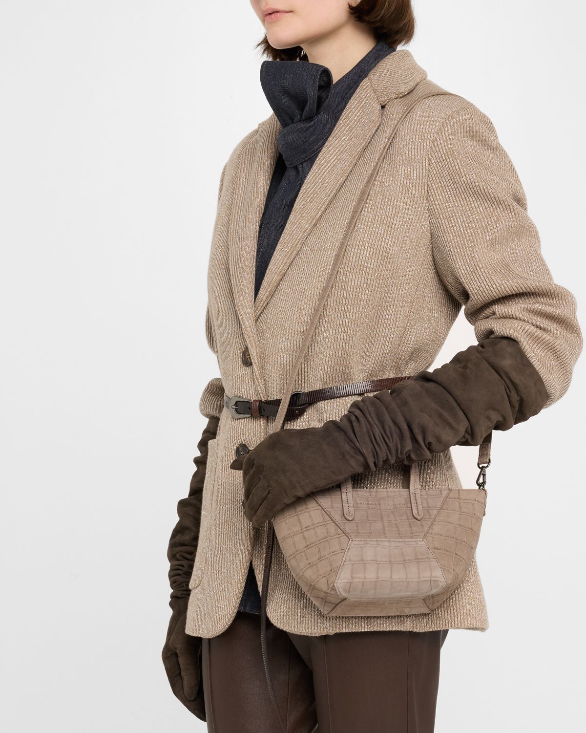 Brunello Cucinelli Duo Mini Croc-Embossed Suede Shopper Tote Bag