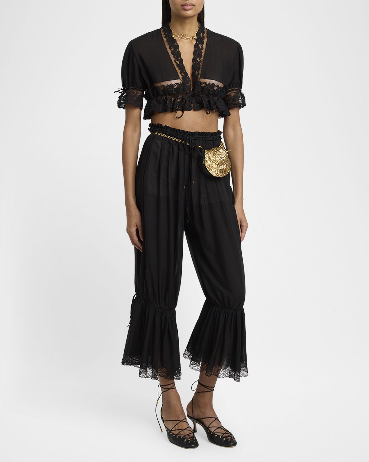 Chloe Drawstring Lace-Trim Cropped Pants