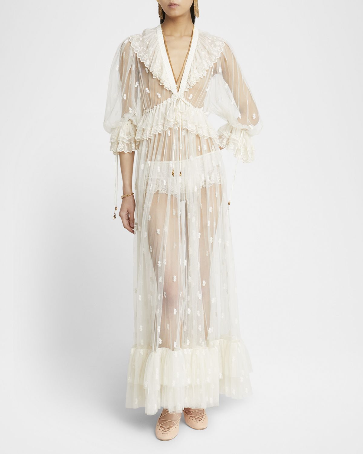 Chloe Long Lace Ruffled Drawstring Dress