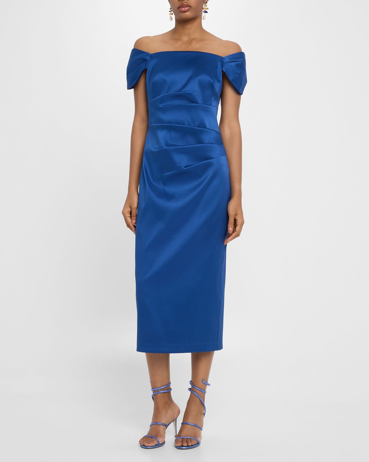 Aidan Mattox Pleated Off-Shoulder Mikado Midi Dress