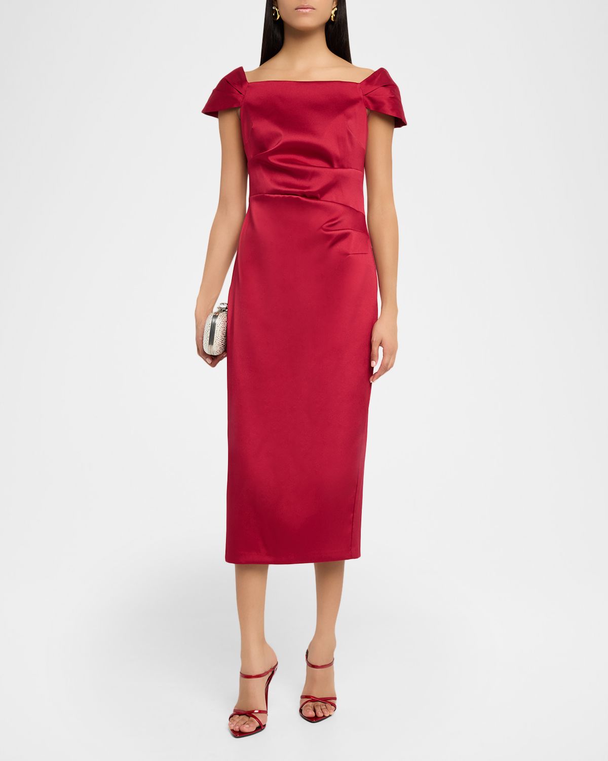 Aidan Mattox Pleated Off-Shoulder Mikado Midi Dress