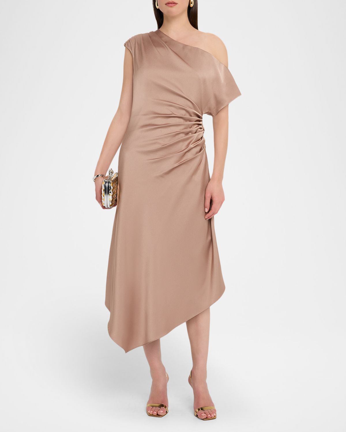 Aidan Mattox Draped One-Shoulder Crepe Back Satin Midi Dress