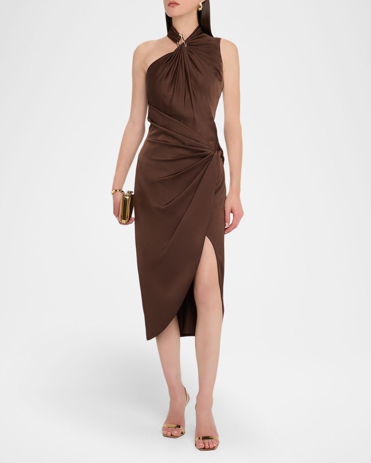 Aidan Mattox Pleated Bodycon Crepe Back Satin Midi Dress