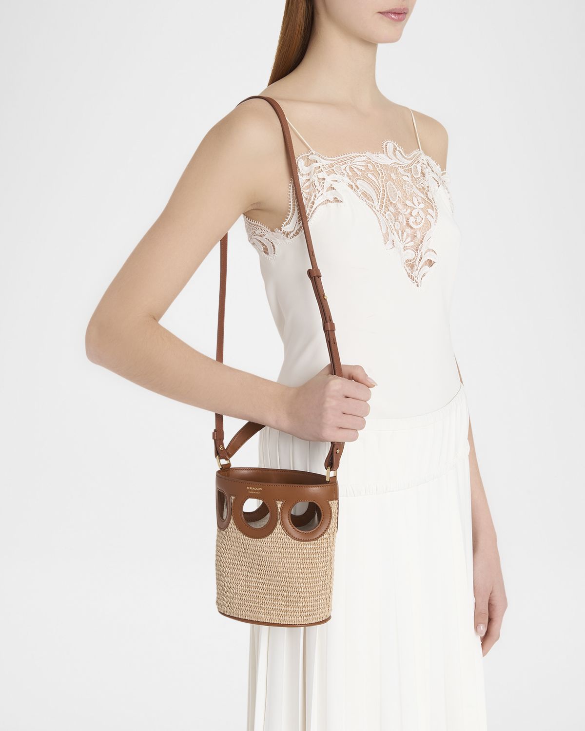 Ferragamo Gancini Frame Raffia Bucket Bag