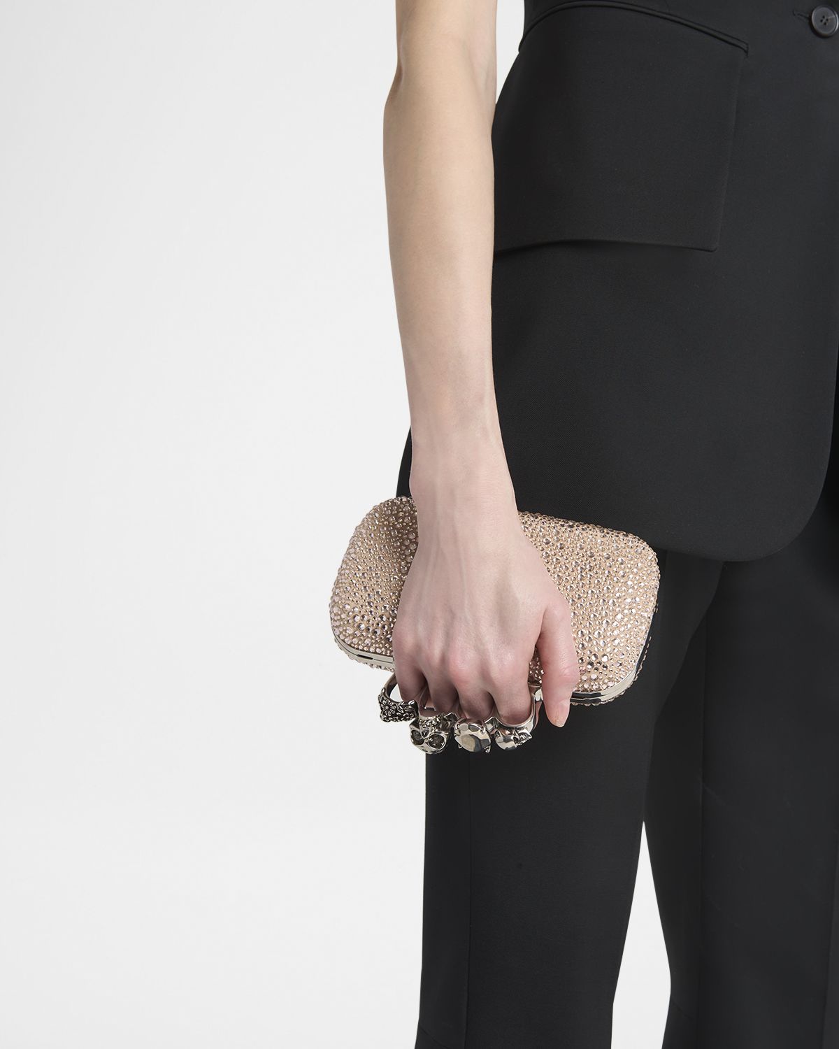 McQueen Skull Four Ring Embellished Leather Clutch Bag