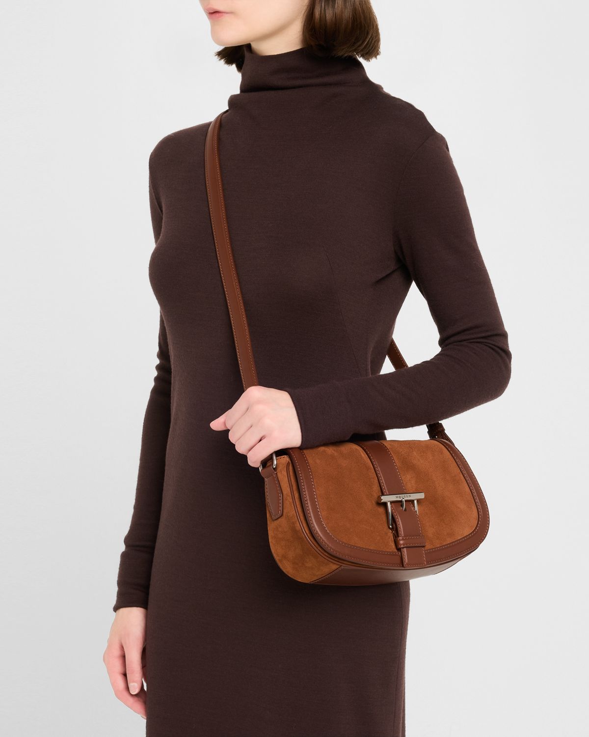 McQueen T-Bar Saddle Suede & Leather Shoulder Bag