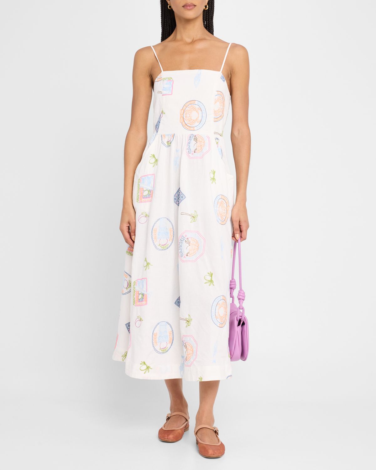 Damson Madder Peaches Embroidered Apron Midi Dress