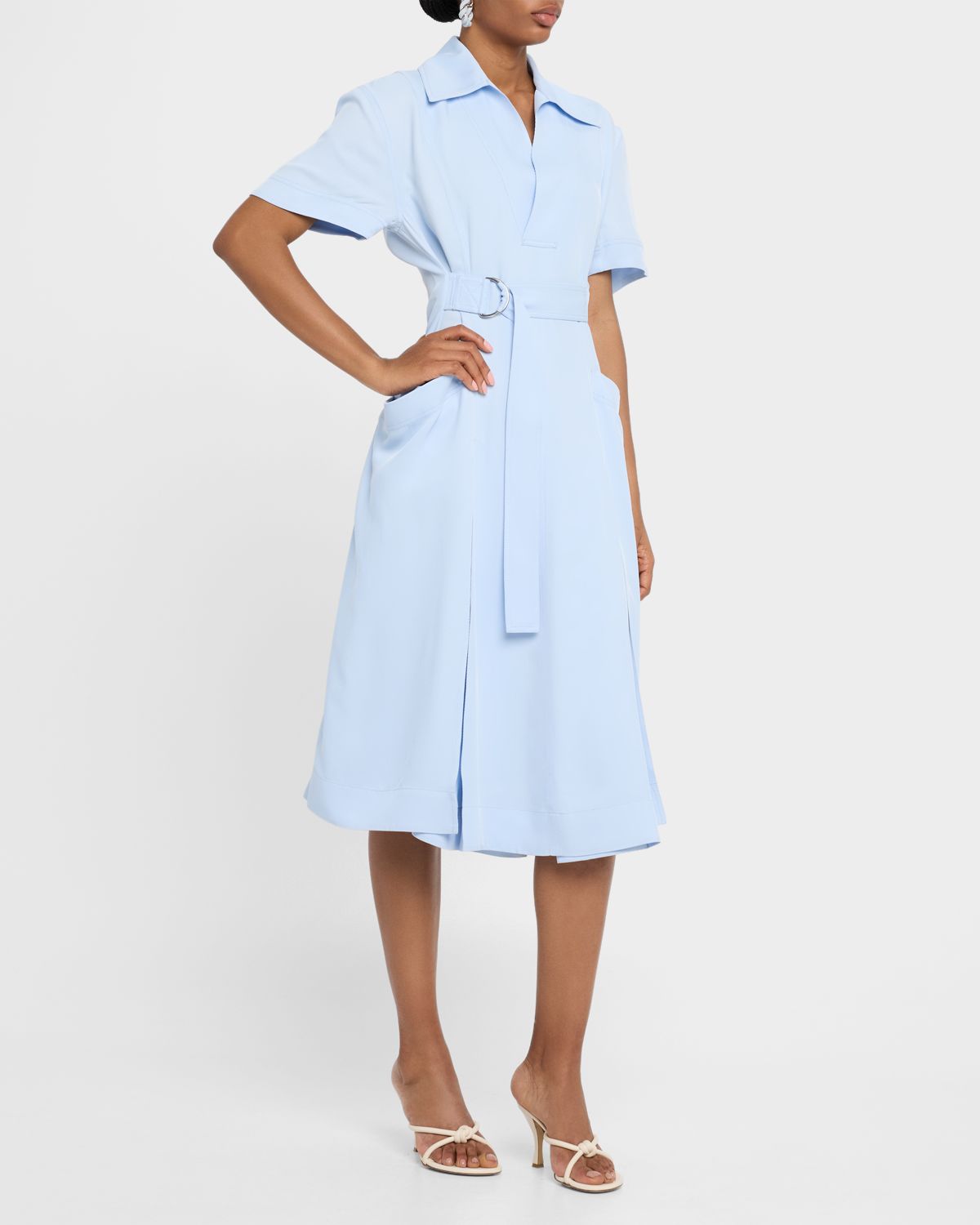 Bottega Veneta Short-Sleeve Belted Fine Twill Midi Shirtdress