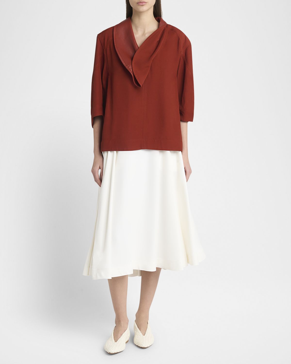 Bottega Veneta Leather-Neck Grainy Viscose-Linen Cocoon Shirt