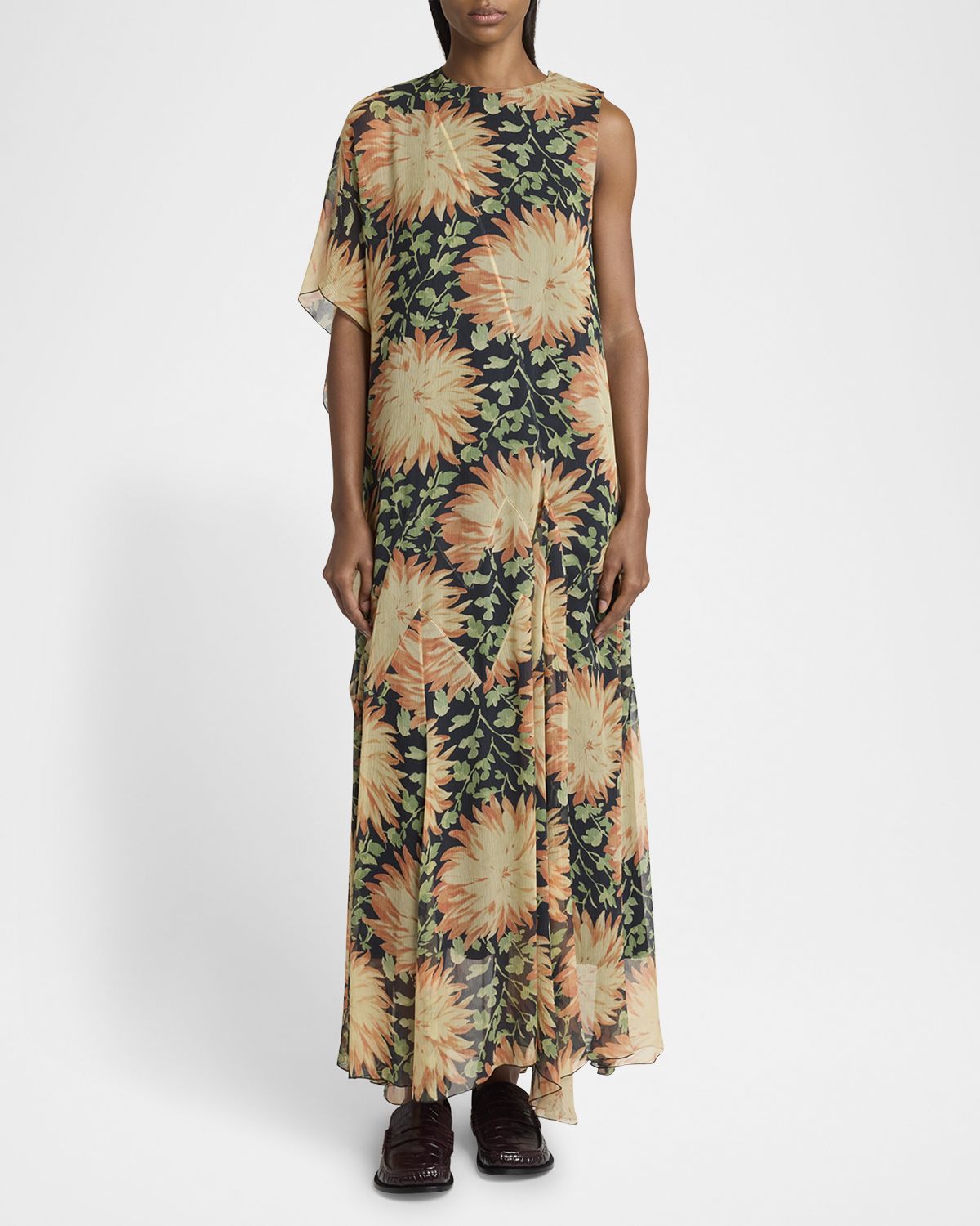 Loewe Long Floral Print One-Sleeve Chiffon Silk Dress