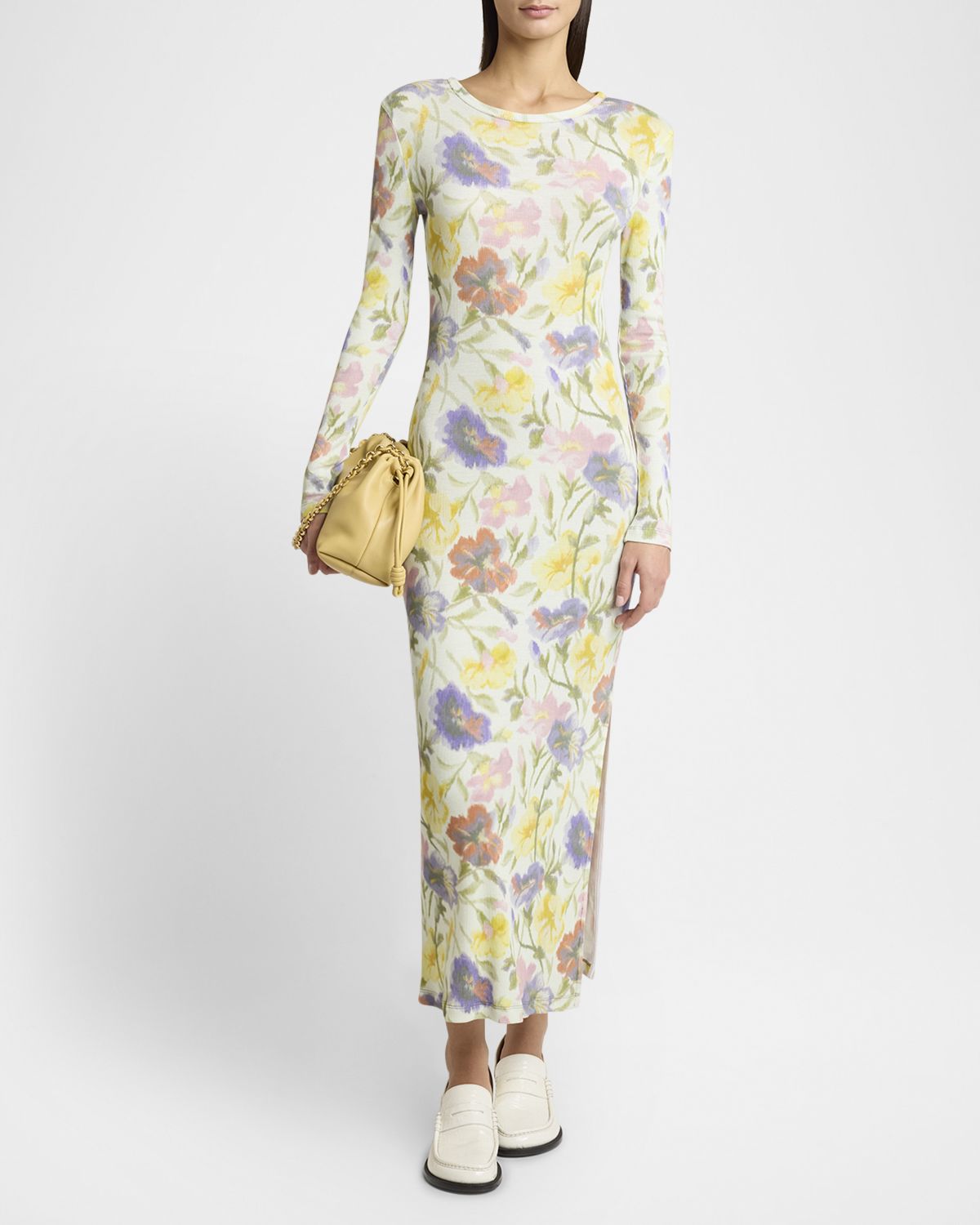 Loewe Floral Printed Mesh Tube Long Sleeve Midi Dress